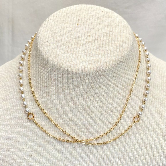 Opera Length Necklace Faux Pearl Back Gold Tone Cable Chain - Picture 2 of 5